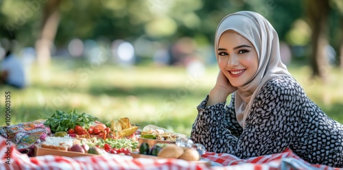 Smiling Woman Enjoying Picnic. photo