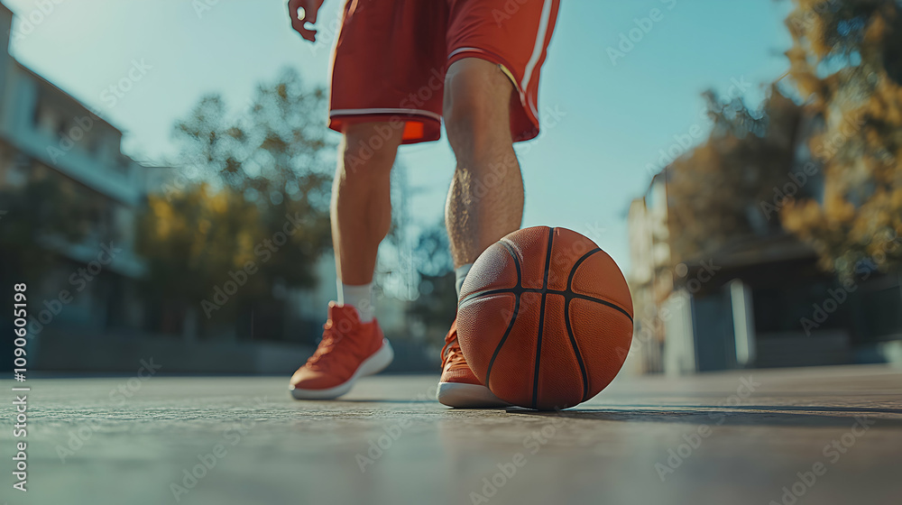 Naklejka premium Outdoor Basketball Player Dribbling Ball on Court During Sunny Day