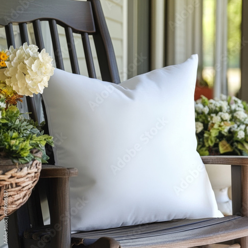 White Pillows on Wooden Porch Chair. Outdoor Design Concept or Mock-up