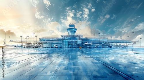 Precision architectural blueprint an international airport expansion including runway extensions terminal redesigns and transit connections photo