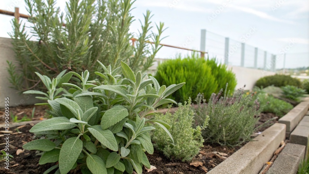 Obraz premium Sage plant grows in a herb garden with other plants like rosemary and thyme, , garden decor, leafy greens, foliage