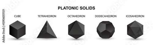 Set of black vector editable 3D platonic solids isolated on white background. Mathematical geometric figures such as cube, tetrahedron, octahedron, dodecahedron, icosahedron. Icon, logo, button.