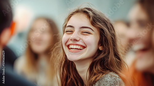 A Young Woman with Brown Hair Laughs Joyfully in a Crowd