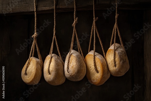 Caciocavallo Hanging to Age: A traditional image of caciocavallo cheeses hanging from ropes photo