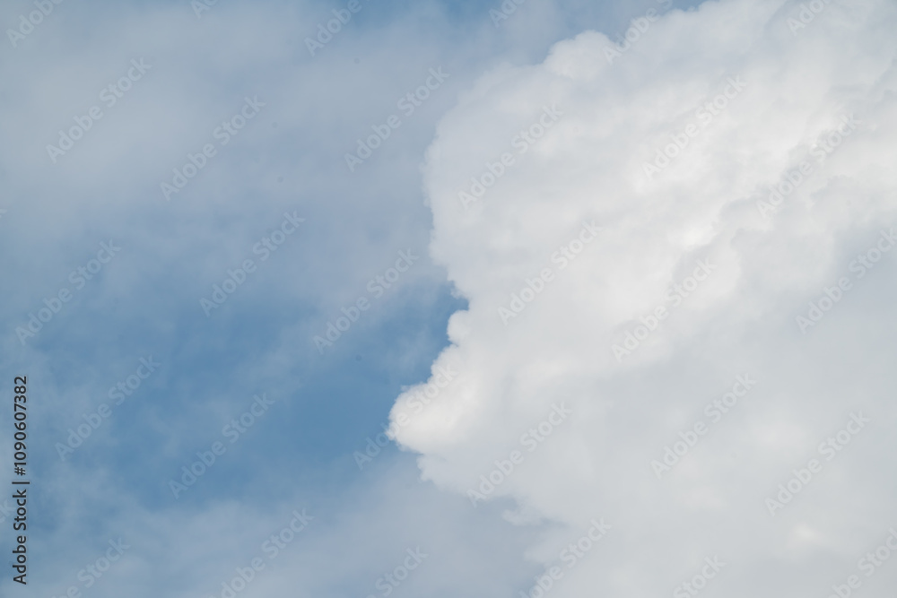 Fototapeta premium Dramatic cloudscape with fluffy cumulus clouds against a vibrant blue sky. This versatile image evokes feelings of freedom, peace, and possibility. 