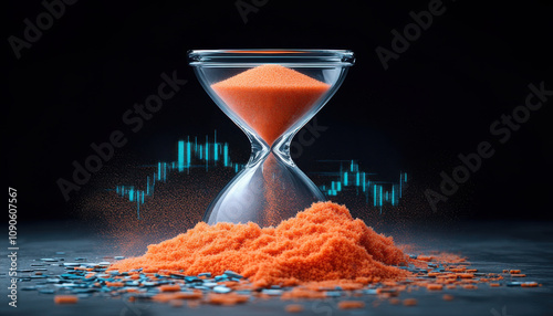 Investing mistake fail business and volatility Concept, An hourglass filled with vibrant orange sand sits atop a pile of sand, with digital graphs in the background suggesting time and data analysis.