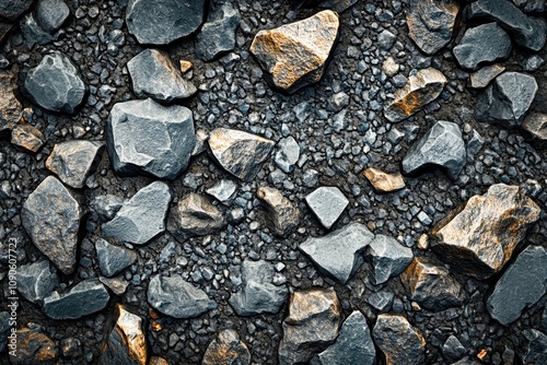 A textured surface of various-sized gravel and rocks, showcasing a mix of colors and shapes, Ideal for backgrounds in nature-themed projects, landscaping materials, or geological studies, photo