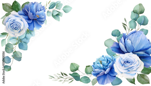 Watercolor Floral Corner Border Blue Roses and Light Blue Peony with Eucalyptus Greenery for Invitations