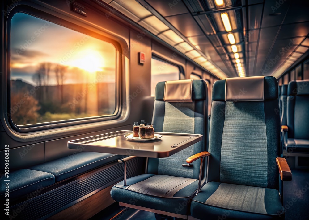 Obraz premium Surreal Scene of Empty Train Seats with a Tray, Evoking a Sense of Isolation and Abandonment in a Dreamlike Atmosphere