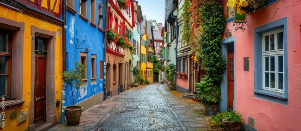 Fototapeta premium Colorful Houses and Cobblestone Street in a European Town