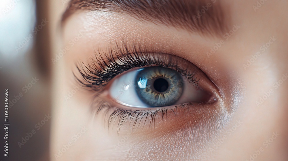 Obraz premium Close-Up Blue Eye: A captivating image of a blue eye with long eyelashes, offering a mesmerizing glimpse into the beauty and depth of the human gaze. 