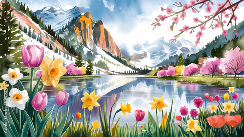 Colorful spring flowers blooming beside peaceful mountain lake with snow on distant peaks. 