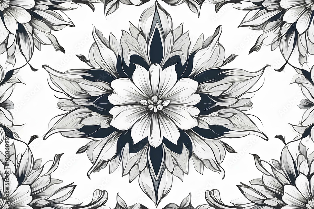 Fototapeta premium Monochrome floral illustration emphasizing intricate petal details and symmetry.