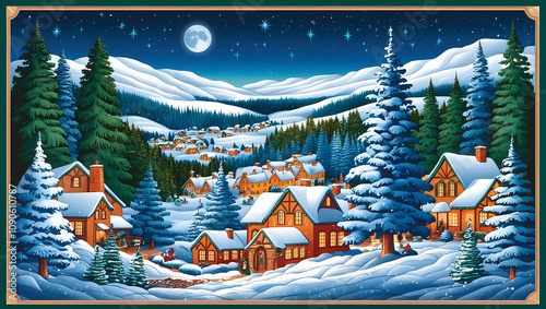 Winter wonderland snowy Christmas landscape illustration. Snow covered trees and rooftops of wooden homes with yellow light in windows. Moon over mountain valley scene.