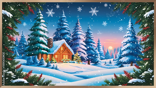 Cabin in snowy woods. Winter wonderland Christmas illustration. Snow in forest with log home.