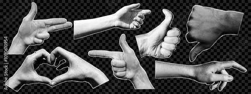 Collection of halftone hands. Gesture signs. Set of collage elements.