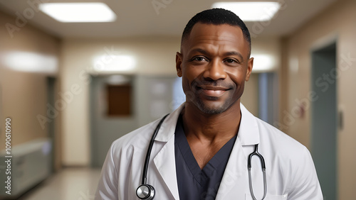 Black male medical professional in hospital corridor or hallway. Intelligent, confident and successful man in healthcare profession. Insurance, cost of medical treatment, education, career concept.