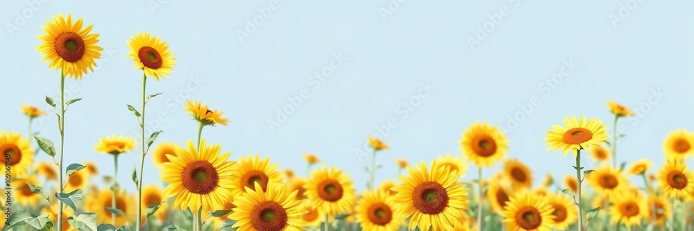 Obraz premium Watercolor illustration of a field of sunflowers with tall stalks and bright yellow petals against a clear blue sky, illustration, yellow, sunflowers