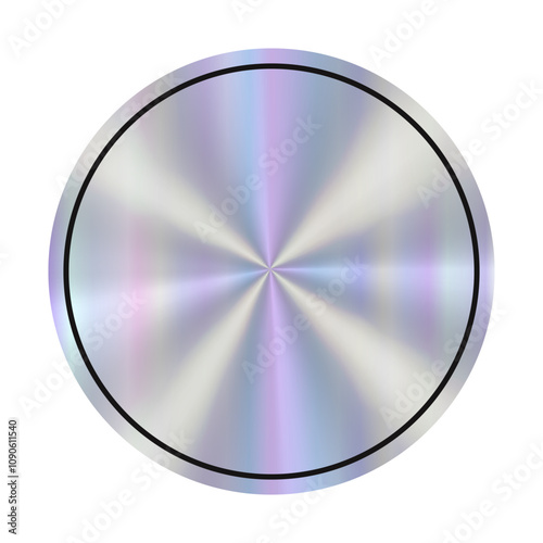 Hologram empty circular design featuring a smooth metallic surface with a gradient and central point of interest in a minimalist style. Holographic round blank sticker.
