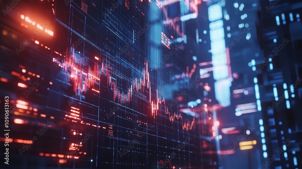 Naklejka premium Abstract Data Visualization with Colorful Charts and Graphs Representing Financial or Technological Growth in a Futuristic Background