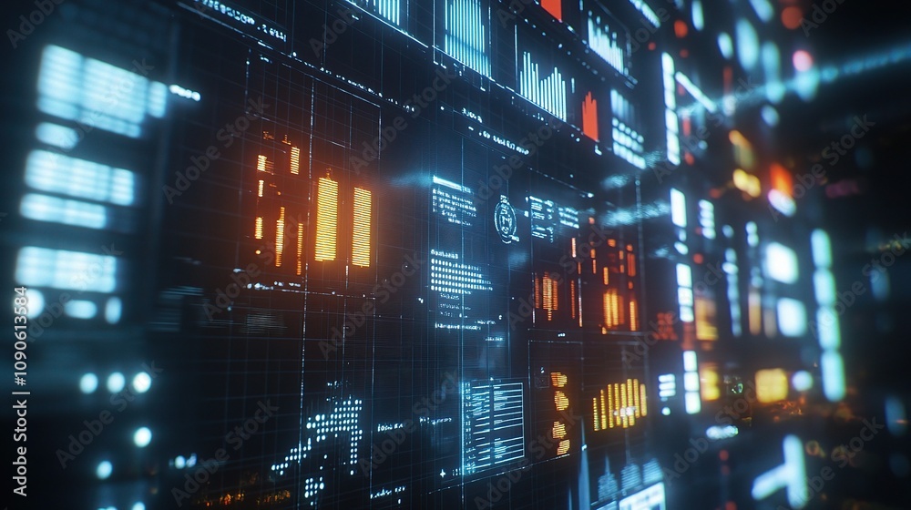 Fototapeta premium Abstract Digital Visualization of Data Analytics with Charts and Graphs in a Dark Background Displaying Insights and Metrics for Technology Concepts