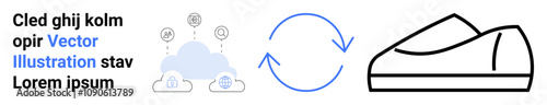 Cloud with secure data icons, circular arrows representing the process, outlined shoe graphic. Ideal for cloud technology, data storage, data security, process flow, e-commerce, fashion, technology