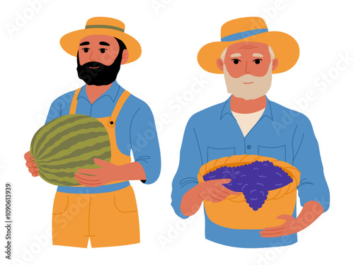 Men farmers with crops in hand. Festival of watermelon and grapes. Farming and agriculture.