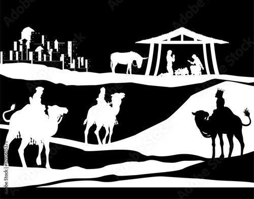 A Christmas nativity scene with baby Jesus in the manger, wise men and city of Bethlehem in the background