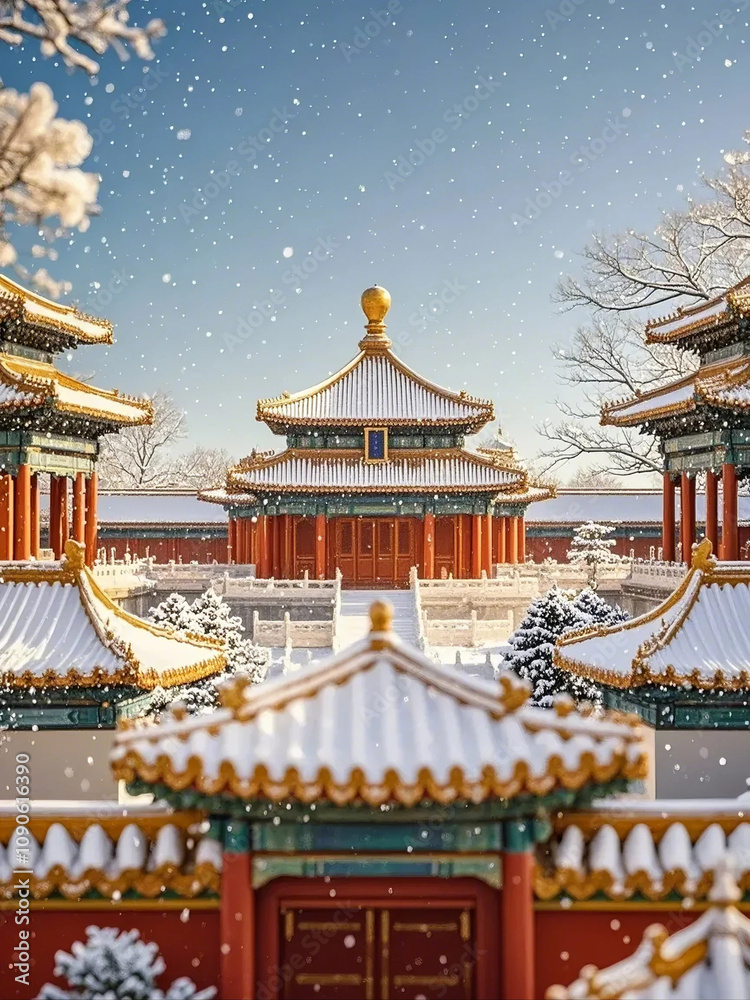 Obraz premium Forbidden City snow scene, twenty-four solar terms concept, Spring Festival concept, poster.
