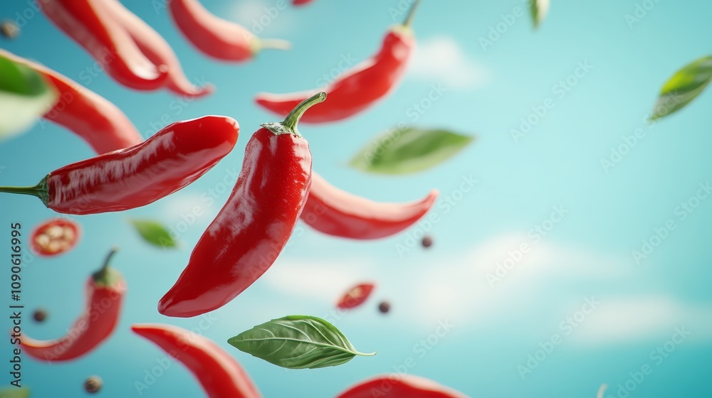 Obraz premium Burst of flavor, red peppers suspended in midair, showcasing freshness and culinary delights