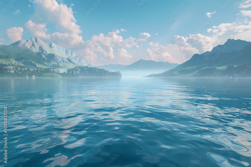 Fototapeta premium A serene landscape featuring calm waters reflecting majestic mountains under a blue sky with fluffy clouds.