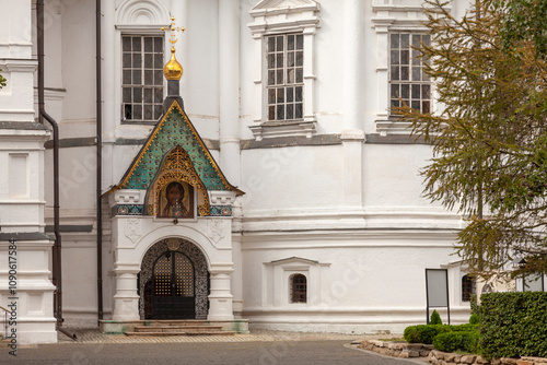 Picturesque entrance of the Cathedral of the Transfiguration of the Lord in the Novospassky Monastery in Moscow, Russia