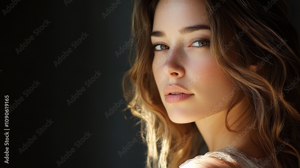 Naklejka premium Serene Portrait of a Young Woman with Natural Beauty and Soft Lighting Capturing the Essence of Youth and Grace in a Subtle Composition