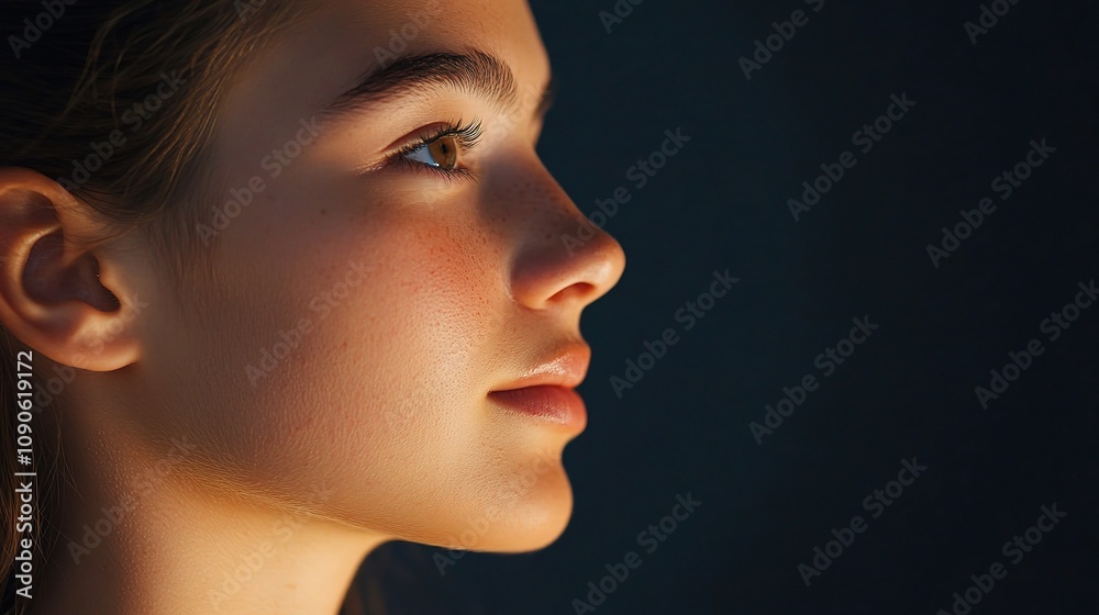 Fototapeta premium Captivating Profile Portrait of a Young Woman with Soft Features and Natural Lighting, Showcasing Ethereal Beauty and Serenity Against a Dark Background