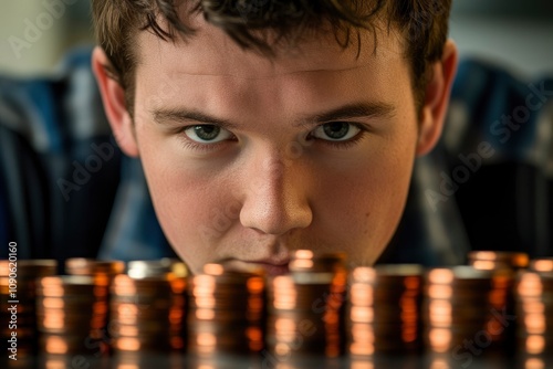 A focused young man examines stacks of coins, reflecting on value and finance.