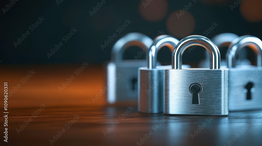 Fototapeta premium Padlock on wooden table, closeup depicting security and protection 