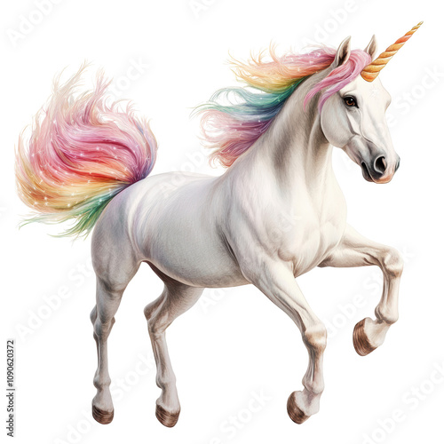 A majestic unicorn with a vibrant, rainbow-colored mane, striking a dynamic pose, featuring a spiraled horn and a sleek white coat.