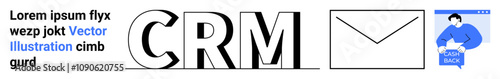 CRM text, envelope icon, and user guide graphic. Ideal for marketing, customer service, email campaigns, user guides, educational materials, online tutorials, software manuals. Landing page