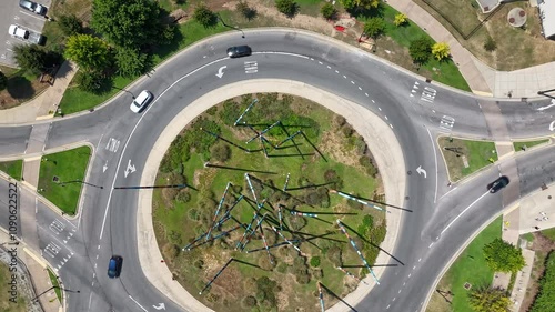Stix, Public Art Sculpture In A Roundabout At Gulch In Nashville. Cars In Motion Aerial Timelapse.