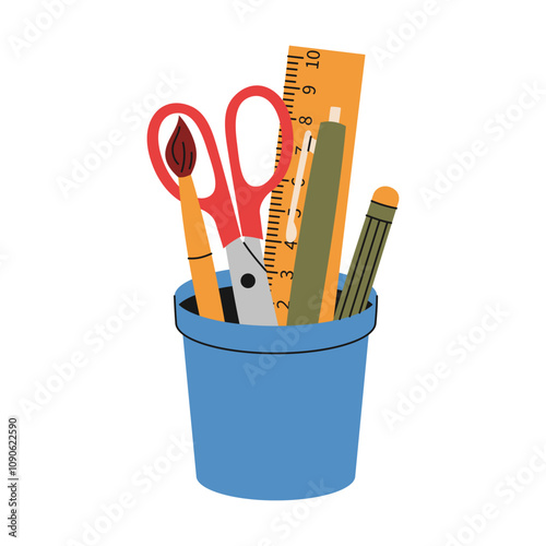 Plastic cup with school supplies. Scissor, pen, pencil, ruler, brush. Hand drawn vector illustration