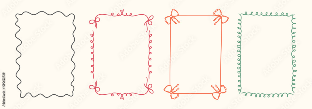 Hand Drawn frame set with doodle bows, ribbons. Whimsical line borders for birthday, christmas, wedding Invitations. Coquette bow set. Vintage minimalist elements in trendy line art style. Vector illu