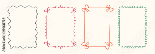 Hand Drawn frame set with doodle bows, ribbons. Whimsical line borders for birthday, christmas, wedding Invitations. Coquette bow set. Vintage minimalist elements in trendy line art style. Vector illu