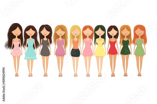 Group of female friends, union of feminists, sisterhood. Flat cartoon characters isolated on white background, cut out.