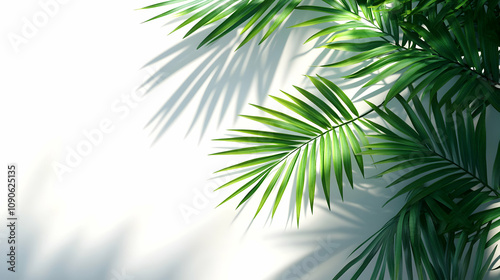 Vibrant Green Palm Fronds Cast Shadows on White Background, Creating a Tropical Summer Aesthetic Illustration