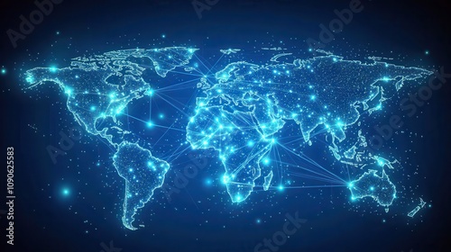 A digital world map with glowing nodes and network lines forming a globe, leaving open space at the bottom for adding custom text or a tagline.