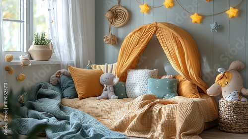 Cozy Kids' Room: A tranquil retreat for little ones, featuring a canopy bed draped in soft fabrics, inviting plush toys, and whimsical star-shaped lights.   photo