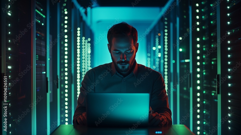 A Caucasian IT admin transfers data in a sleek center, surrounded by servers and glowing LED lights.