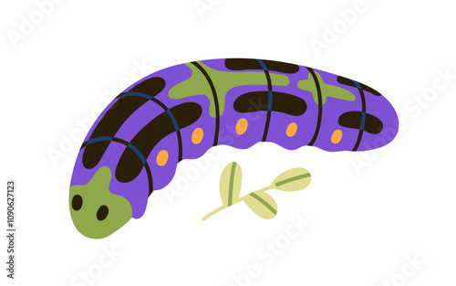 Cute caterpillar crawling, leaf branch in nature. Garden larva, grub with fat...