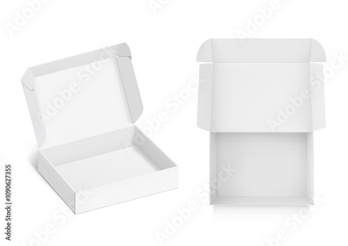 Realistic four flap open white mailing box mockup. Half side and flat top views. Ready for presentation your product. Vector illustration isolated on white background. EPS10.	