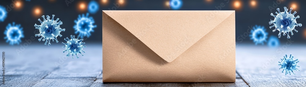 Fototapeta premium Brown envelope with many virus particles on the background.
